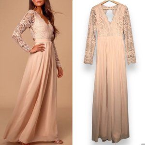 Lulus Gown Long Sleeve Lace evening Maxi Dress M Blush Pink Open Back V Neck